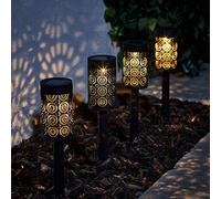 Lights4fun Set of 4 Black Moroccan Solar Garden Stake Lights - Outdoor Decorative LED Pathway Lighting - IP44 Waterproof Rated for Gardens, Patios, Pathways, and Driveways
