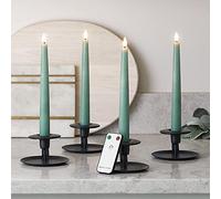 Lights4fun Set of 4 Eucalyptus Green Taper Candles with Remote Battery LED Flameless Real Wax Timer