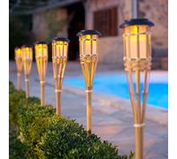 Lights4fun Set of 4 Large Solar Powered Bamboo Tiki Torches IP44 Waterproof Decorative Garden Pathway LED Stake Lights