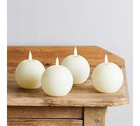 Lights4fun Set of 4 TruGlow® Round Sphere LED Pillar Candles with Timer - Real Ivory Wax, Warm White Flickering Flame, Battery Operated for Indoor Use