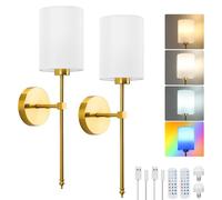 Lightsjoy Battery Operated Wall Lights Wireless Wall Sconces Set of 2 Rechargeable Wall Lamp Battery Powered 3 Color Temperature RGB Dimmable Remote Control Cordless Wall Light for Bedrooms, Gold