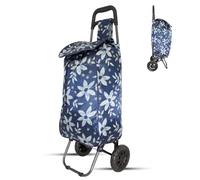 Lightweight 2 Wheel Shopping Trolley Cart 35L - Navy Flower Foldable Grocery Cart with Strong Metal Frame, Water-Resistant Bag & Smooth Rolling Wheels - 94cm
