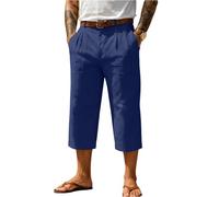 Lightweight 3/4 Mens Linen Blend Cropped Trousers Belted Pleated Summer Capri Pants for Casual Beach Outfits and Everyday Pant Baggy Shorts for Men L Dark Blue