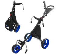 Lightweight 3-Wheel Golf Push Cart - Folding Golf Bag Trolley with Foot Brake Cooler Bag Drink & Umbrella Holder - Convenient Blue Golf Cart for Easy Transport