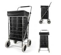 Lightweight 4-Wheel Folding Shopping Trolley Extra Large 75.6L Capacity Shopping Trolley Bag with Steel Frame, 95cm, 4.8kg, Push/Pull (ST-Four-01), Black