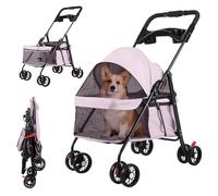 Lightweight 4 Wheels Pet Stroller, One Hand Foldable Dog Stroller for Small Dogs and Cats, Breathable Puppy Strollers with Cup Holder, Portable Pet Strollers for Small Pets up to 7.5kg (Pink)