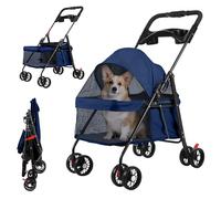 Lightweight 4 Wheels Pet Stroller, One Hand Foldable Dog Stroller for Small Dogs and Cats, Breathable Puppy Strollers with Cup Holder, Portable Pet Strollers for Small Pets up to 7.5kg (Blue)