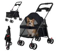 Lightweight 4 Wheels Pet Stroller, One Hand Foldable Dog Stroller for Small Dogs and Cats, Breathable Puppy Strollers with Cup Holder, Portable Pet Strollers for Small Pets up to 7.5kg (Black)