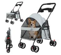 Lightweight 4 Wheels Pet Stroller, One Hand Foldable Dog Stroller for Small Dogs and Cats, Breathable Puppy Strollers with Cup Holder, Portable Pet Strollers for Small Pets up to 7.5kg (Grey)
