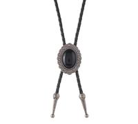 Lightweight Adjustable Leather Bolotie Necklace With Western Antique Black Stone Charm For Unisex Casual And Party Wear Adjustable Bolo Tie With Black Stone Charm