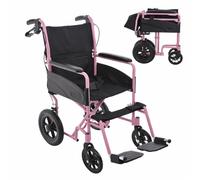 Lightweight Aluminium Folding Transit Compact Travel Wheelchair Net Carry Weight Only 9.5kg, Seatbelt, Attendant Brakes, Adjustable Footrests (Pink, Standard)