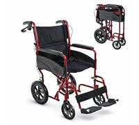 Lightweight Aluminium Folding Transit Compact Travel Wheelchair Net Carry Weight Only 9.5kg, Seatbelt, Attendant Brakes, Adjustable Footrests (Red, Standard)