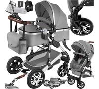 tectake® 2-in-1 Foldable Pram for Babies & Toddlers, Combination Pram & Stroller with Collapsible Canopy, Pushchair with 5-Point Harness & 360° Swivel Wheels, Suitable from 0-36 Months - Grey
