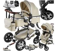 tectake® 2-in-1 Foldable Pram for Babies & Toddlers, Combination Pram & Stroller with Collapsible Canopy, Pushchair with 5-Point Harness & 360° Swivel Wheels, Suitable from 0-36 Months - Grey/Beige