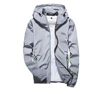 Lightweight Bomber Jacket Men UK Reflective Stripe Coats Men Casual Long Sleeve Pocket Hooded Coat Loose Solid Zipper Medium And Long Tops Hooded Sweatshirts Blouse Classic Cargo Outwear Grey M