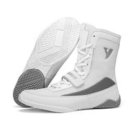 Lightweight Boxing Combat Boots High Top Breathable Mesh Ankle Support Fight Shoes for Training Competition Fitness Muay Thai Wrestling,White,8 UK