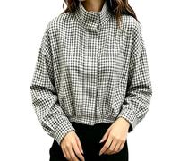 Lightweight Checked Jacket Women Funnel Neck Jacket Ladies Gingham Jackets | Long Sleeve Checked Bomber Jackets With Pockets Stand Collar Zip Up Hem Windbreaker Coats Autumn Winter Outfits