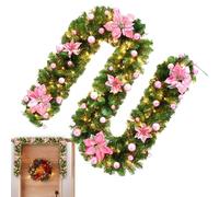 Lightweight Christmas Garland, Rattan Christmas Garland | Pre-Lit Christmas Garland, 9ft Artificial LED Lights, Battery Operated Rattan Garland Decoration, Red Flower, Green Christmas