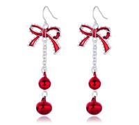 Lightweight Christmas Red Bow Knot Piercing Dangle Earrings Jingle Tassels Silver Plated Women