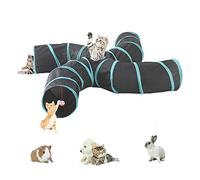 Lightweight Collapsible 5 Way Cat Tunnel with Pompom and Bells,Interactive Crinkle Pop Up Maze House Toy for Cat,Small Rabbits,Kittens,Puppy, Ferrets, Guinea Pig (4 way S-shape, Blue/Black)