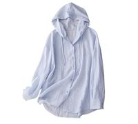 Lightweight Cotton Linen Hoodies for Women UK Thin Sun Protection Button Down Shirt Long Sleeve Solid Drawstring UV-Shirt Loose Fit Linen Blend Hooded Sun Jackets for Summer Outdoor Wear Blue