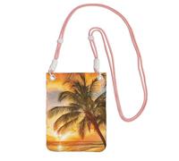 Lightweight Crossbody Cell Phone Purse for Women, Tropical Beach Palm Tree Sunset Small Sling Pouch, Hands-Free Compact Wallet Purse for Travel, Water-Resistant Shoulder bag Organizer, Pink Strap