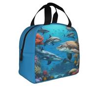 Lightweight Dolphins Sea Turtle Shark Octopus Coral Reef Print Lunch Bag for Office, School, Gym, Beach, Travel and Outdoor Picnic Use