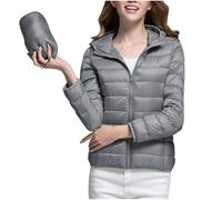 Lightweight Down Jacket for Women Packable Ladies Puffer Jacket Long Puffer Coats Jackets With Hood Winter Short Waterproof Womens Down Coat Full Zip Quilted Padded Jackets Grey M