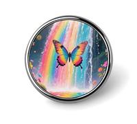 Lightweight Enamel Lapel Pin - Personalized Magical Garden with A Fairy Fashion Brooch Pins for Women Men, Hat Bag Jacket Clothing Accessory Jewelry Gift, Rainbow - winged Butterfly by Falls, Circular