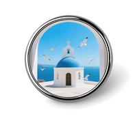 Lightweight Enamel Lapel Pin - Personalized Rough - Scaled Bush Viper Fashion Brooch Pins for Women Men, Hat Bag Jacket Clothing Accessory Jewelry Gift, Santorini Greek Island sea, Circular