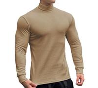 Lightweight Fall Tee Shirt for Men 2025 Men's Solid Color Striped Fabric Long Sleeve High Neck Tight Knit Base for Fitness Running Basketball Base for Indoor Outdoor Daily Life (Khaki, M)