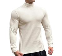 Lightweight Fall Tee Shirt for Men 2025 Men's Solid Color Striped Fabric Long Sleeve High Neck Tight Knit Base for Fitness Running Basketball Base for Indoor Outdoor Daily Life (White, XL)