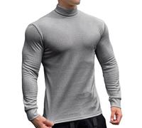 Lightweight Fall Tee Shirt for Men 2025 Men's Solid Color Striped Fabric Long Sleeve High Neck Tight Knit Base for Fitness Running Basketball Base for Indoor Outdoor Daily Life (Grey, M)