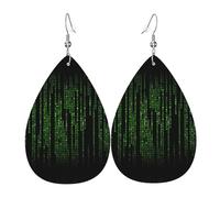 Lightweight Faux Leather Earring, FashionTeardrop Earrings Cute Dangle Earrings Green Number Binary Print