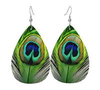 Lightweight Faux Leather Earring, FashionTeardrop Earrings Cute Dangle Earrings Green Peacock Feather Print