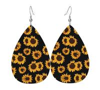 Lightweight Faux Leather Earring, FashionTeardrop Earrings, Cute Golden Sunflowers Print Dangle Earrings