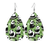 Lightweight Faux Leather Earring, FashionTeardrop Earrings, Cute Panda bamboo Print Dangle Earrings