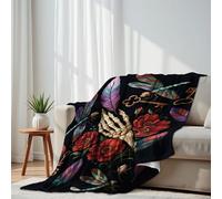 Lightweight Fleece Throw Blanket 130x150cm olorful feathers red roses flowers dragonflies skeleton hands Fluffy Couch Bed Sofas Washable All Season Blankets and Throws for Boys Girls Dog Cat
