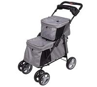 Lightweight Folding Double Pet Stroller Dog Large Space Cart Cage Four Wheel Outdoor Travel Supplies (Gray)