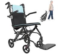 Lightweight Folding Wheelchair for Adults, 8.2 kg Carbon Steel Transit Travel Chair with Handbrake, PU Tyres, Compact Fold, Safety Strap, 90 kg Capacity, Portable Wheelchair Aid (15.7'' Blue)