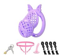 Lightweight Invisible Male Chastity Cage Device Elastic Strap & Urethral Sound Plug Inverted Design Men's Bondage Chastity Lock Sex Toys with 4 Silicone Rings(Purple,L)