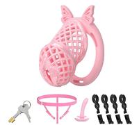 Lightweight Invisible Male Chastity Cage Device Elastic Strap & Urethral Sound Plug Inverted Design Men's Bondage Chastity Lock Sex Toys with 4 Silicone Rings(Pink,L)