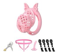 Lightweight Invisible Male Chastity Cage Device Elastic Strap & Urethral Sound Plug Inverted Design Men's Bondage Chastity Lock Sex Toys with 4 Silicone Rings（Pink,M）