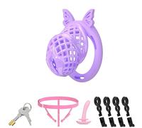 Lightweight Invisible Male Chastity Cage Device Elastic Strap & Urethral Sound Plug Inverted Design Men's Bondage Chastity Lock Sex Toys with 4 Silicone Rings（Purple,M）