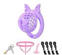 Lightweight Invisible Male Chastity Cage Device Elastic Strap & Urethral Sound Plug Inverted Design Men's Bondage Chastity Lock Sex Toys with 4 Silicone Rings（Purple,S）