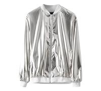 Lightweight Jacket Men's Metallic Sequin Jacket Sun Protection Shiny Surface Sports Jacket Baggy Metallic Costume Glitter Disco Jackets Nightclub Top Party Jacket, silver, XL