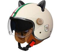 Lightweight Jet Open Face Helmet Cat Ear Shape Cute Motorbike Helmets Double Lens Design Retro DOT Certified ABS Material Applicable To Adult Beige L/59-60cm