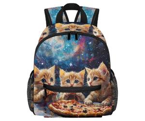Lightweight Kids Backpack Kindergarten School Bag Child Rucksack Daypack for 3-8 Years Old Cute Kittens Eat Pizza in Galaxy