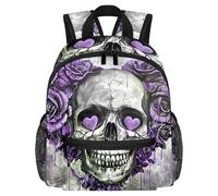 Lightweight Kids Backpack Kindergarten School Bag Child Rucksack Daypack for 3-8 Years Old Purple Rose Skull Love