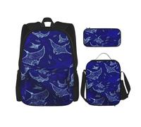 Lightweight Laptop Backpack Set With Insulated Lunch Bag & Pencil Case Organizer For School, Travel, Hiking, Manta Ray And Fish Bookbag, Waterproof Daypack For College Student, Unisex 3-Piece Combo